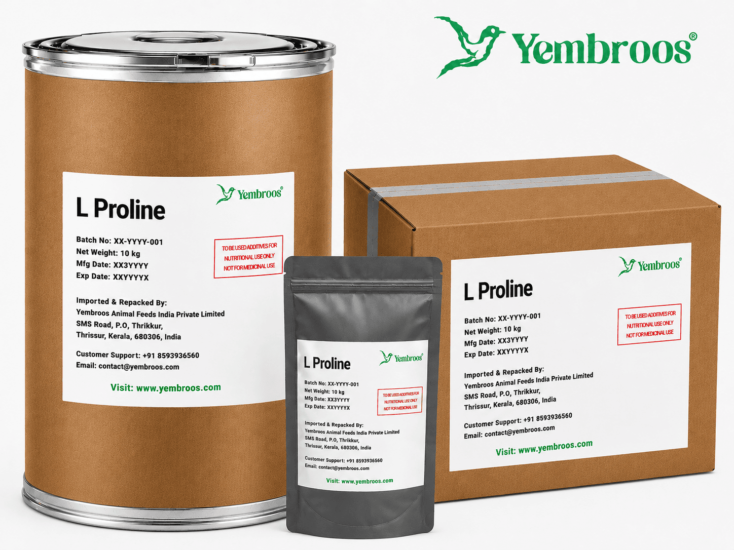 L-Proline powder manufacturer, exporter, importer and supplier in India by Yembroos Animal Feeds India Private Limited for feed, food, technical, pharmaceutical and nutraceutical applications