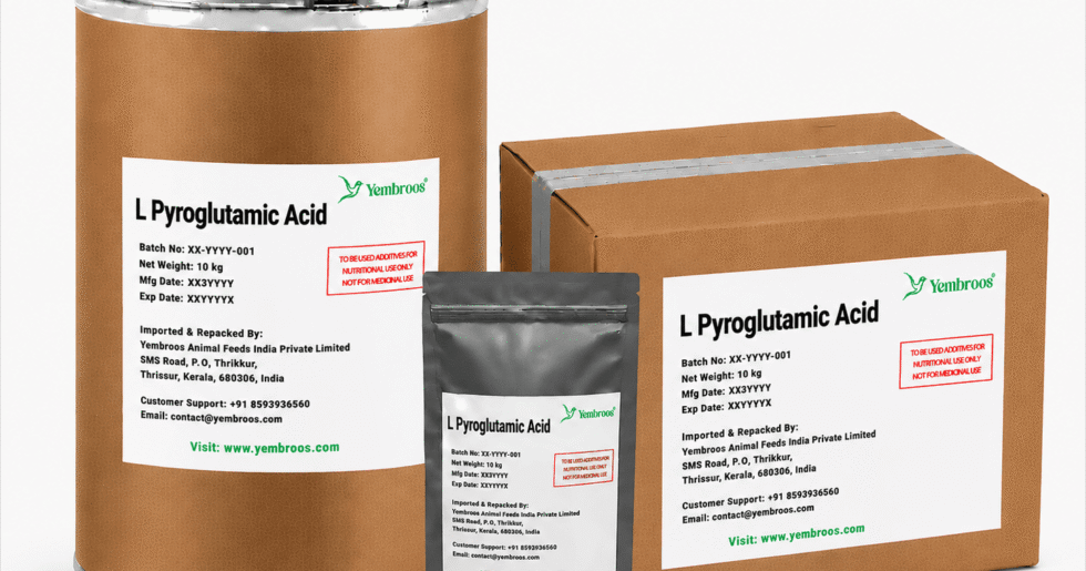 L-Pyroglutamic Acid powder manufacturer, exporter, importer and supplier in India by Yembroos Animal Feeds India Private Limited for feed, food, technical, pharmaceutical and nutraceutical applications
