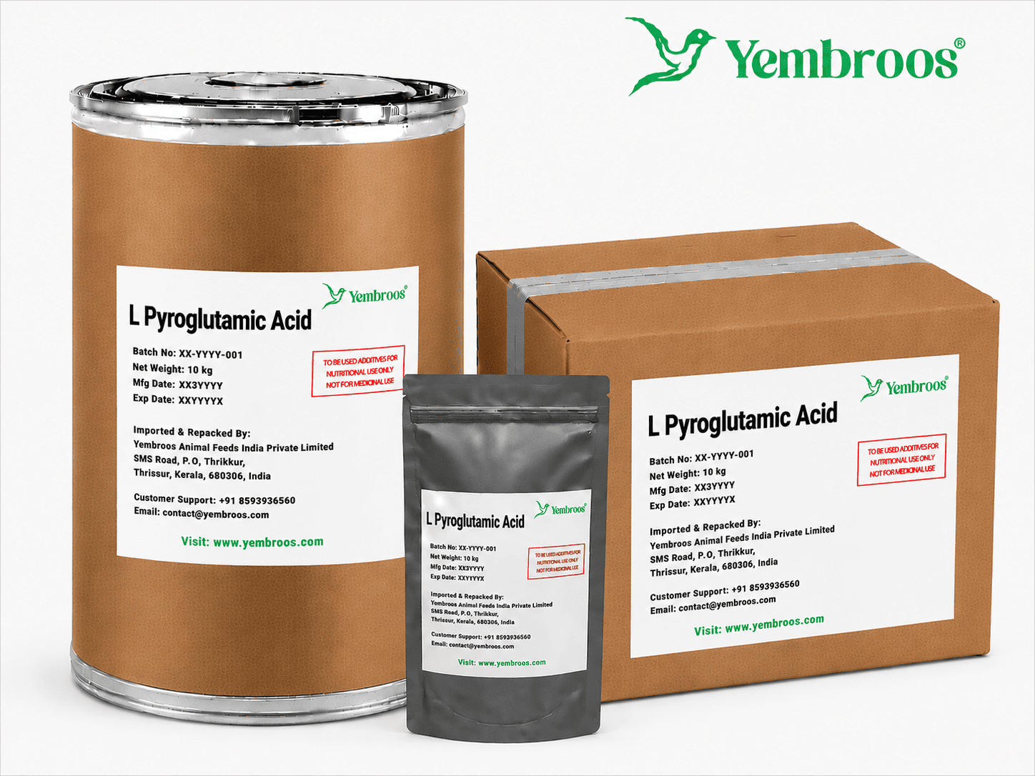 L-Pyroglutamic Acid powder manufacturer, exporter, importer and supplier in India by Yembroos Animal Feeds India Private Limited for feed, food, technical, pharmaceutical and nutraceutical applications