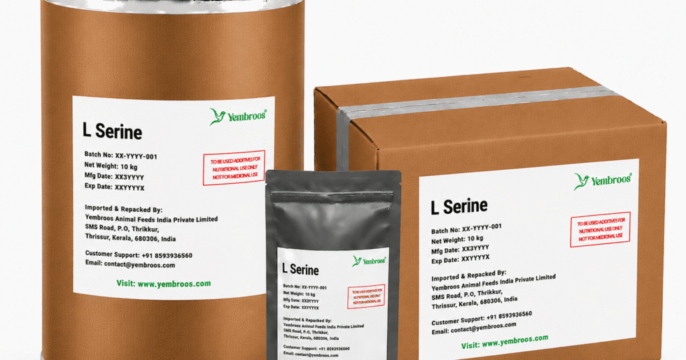L-Serine powder manufacturer, exporter, importer and supplier in India by Yembroos Animal Feeds India Private Limited for feed, food, technical, pharmaceutical and nutraceutical applications