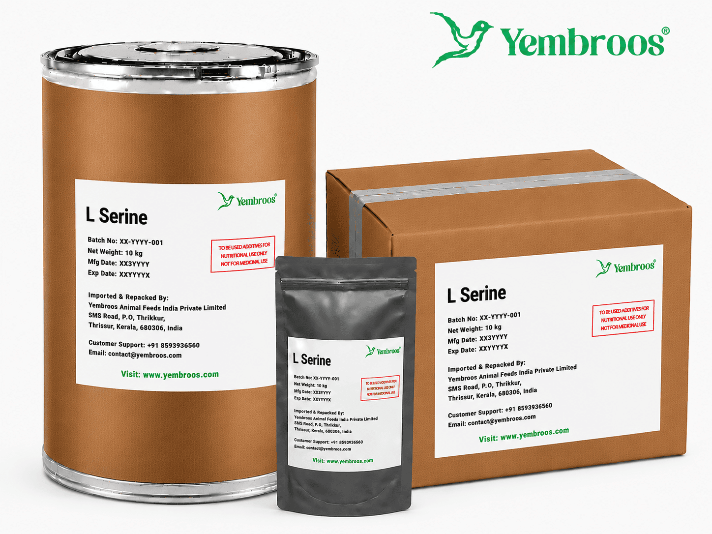 L-Serine powder manufacturer, exporter, importer and supplier in India by Yembroos Animal Feeds India Private Limited for feed, food, technical, pharmaceutical and nutraceutical applications