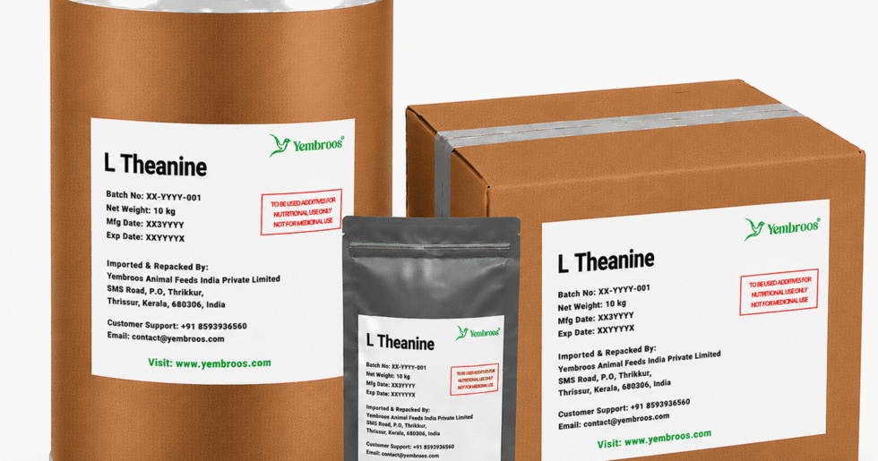 L-Theanine powder manufacturer, exporter, importer and supplier in India by Yembroos Animal Feeds India Private Limited for feed, food, technical, pharmaceutical and nutraceutical applications
