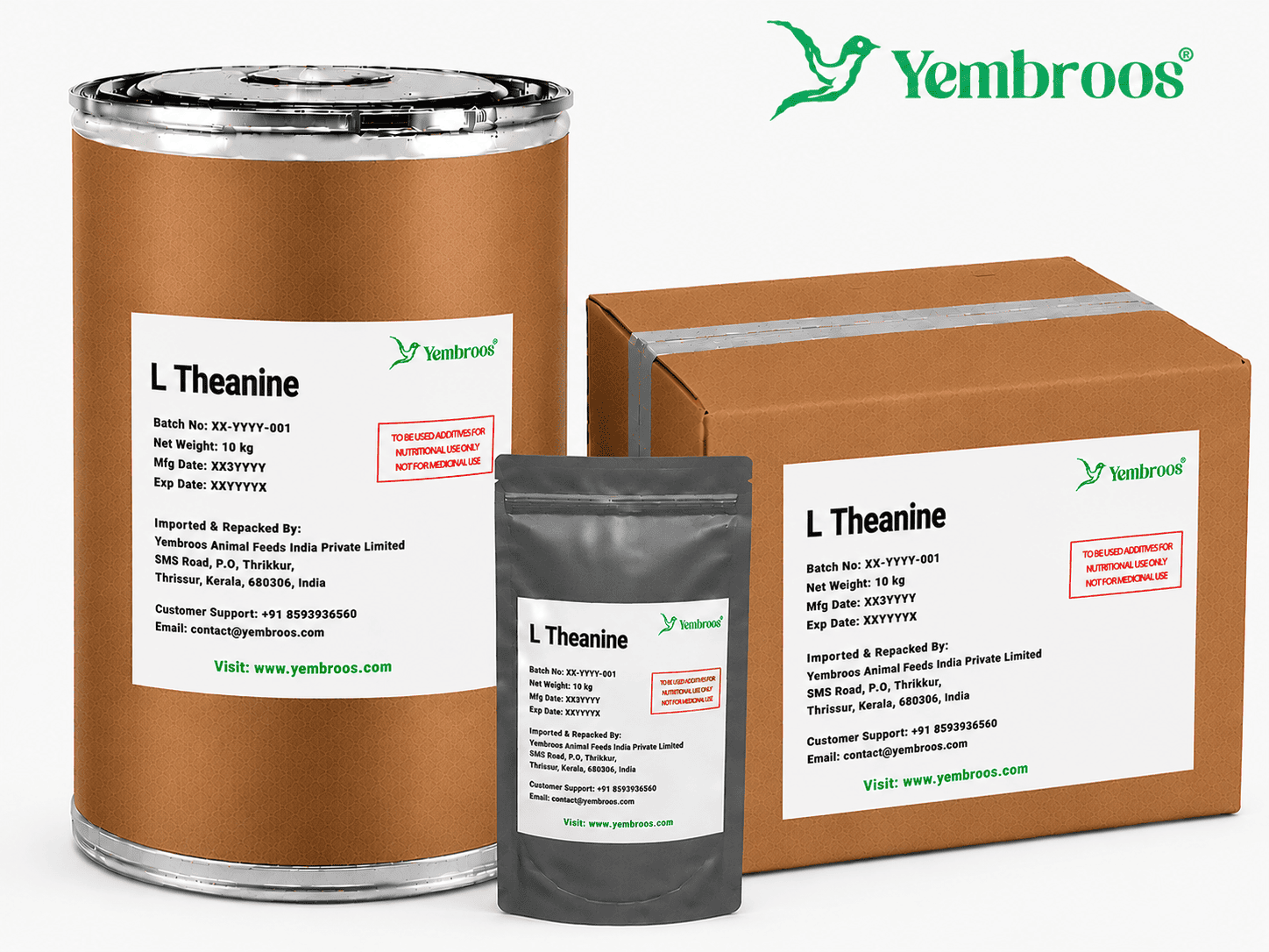 L-Theanine powder manufacturer, exporter, importer and supplier in India by Yembroos Animal Feeds India Private Limited for feed, food, technical, pharmaceutical and nutraceutical applications