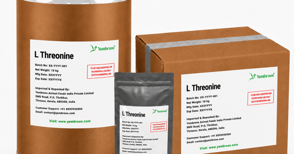 L-Threonine powder manufacturer, exporter, importer and supplier in India by Yembroos Animal Feeds India Private Limited for feed, food, technical, pharmaceutical and nutraceutical applications