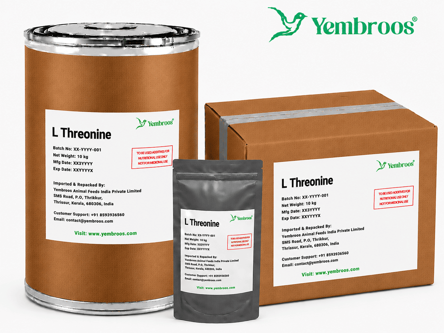 L-Threonine powder manufacturer, exporter, importer and supplier in India by Yembroos Animal Feeds India Private Limited for feed, food, technical, pharmaceutical and nutraceutical applications