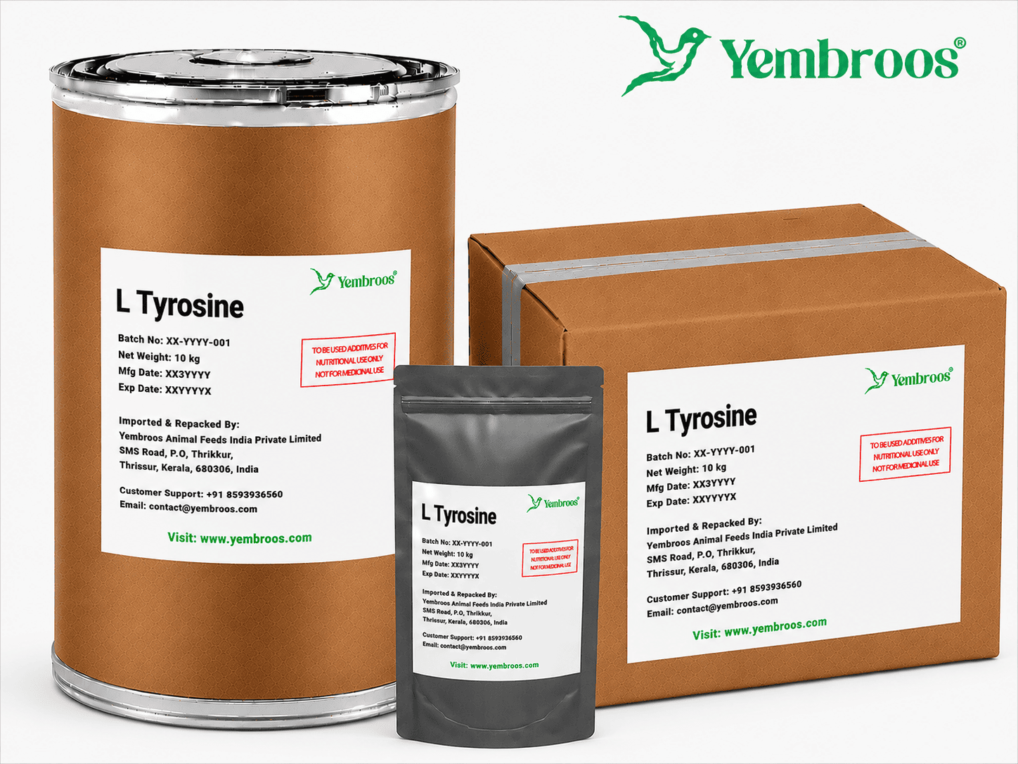L-Tyrosine powder manufacturer, exporter, importer and supplier in India by Yembroos Animal Feeds India Private Limited for feed, food, technical, pharmaceutical and nutraceutical applications