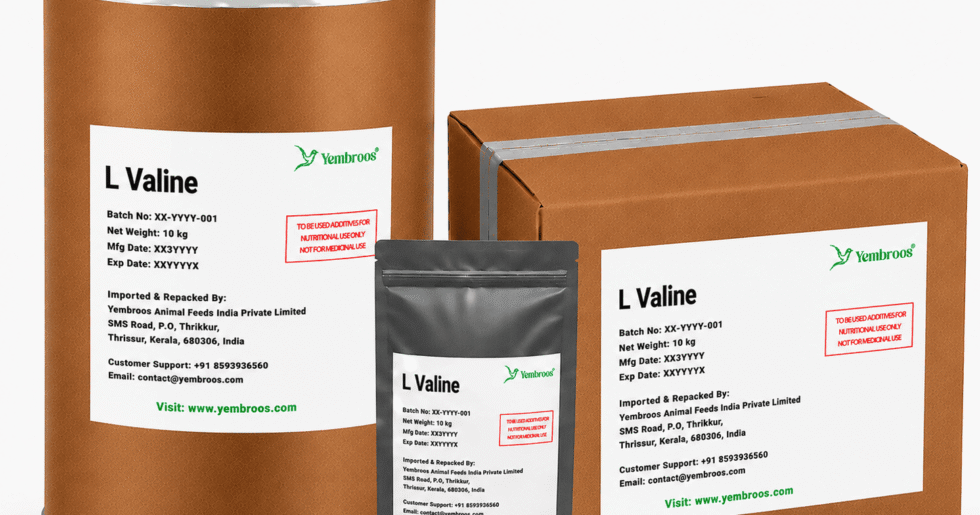 L-Valine powder manufacturer, exporter, importer and supplier in India by Yembroos Animal Feeds India Private Limited for feed, food, technical, pharmaceutical and nutraceutical applications