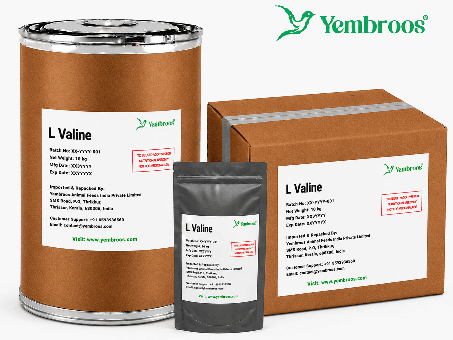 L-Valine powder manufacturer, exporter, importer and supplier in India by Yembroos Animal Feeds India Private Limited for feed, food, technical, pharmaceutical and nutraceutical applications