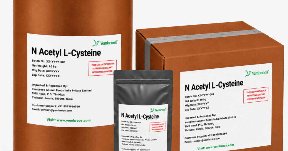 N-Acetyl L-Cysteine powder manufacturer, exporter, importer and supplier in India by Yembroos Animal Feeds India Private Limited for feed, food, technical, pharmaceutical and nutraceutical applications
