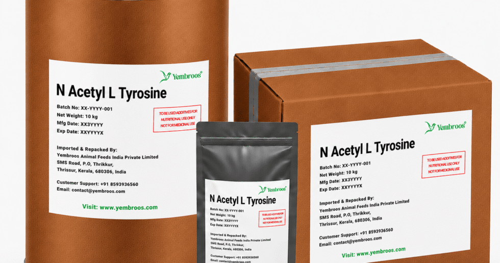 N-Acetyl L-Tyrosine powder manufacturer, exporter, importer and supplier in India by Yembroos Animal Feeds India Private Limited for feed, food, technical, pharmaceutical and nutraceutical applications
