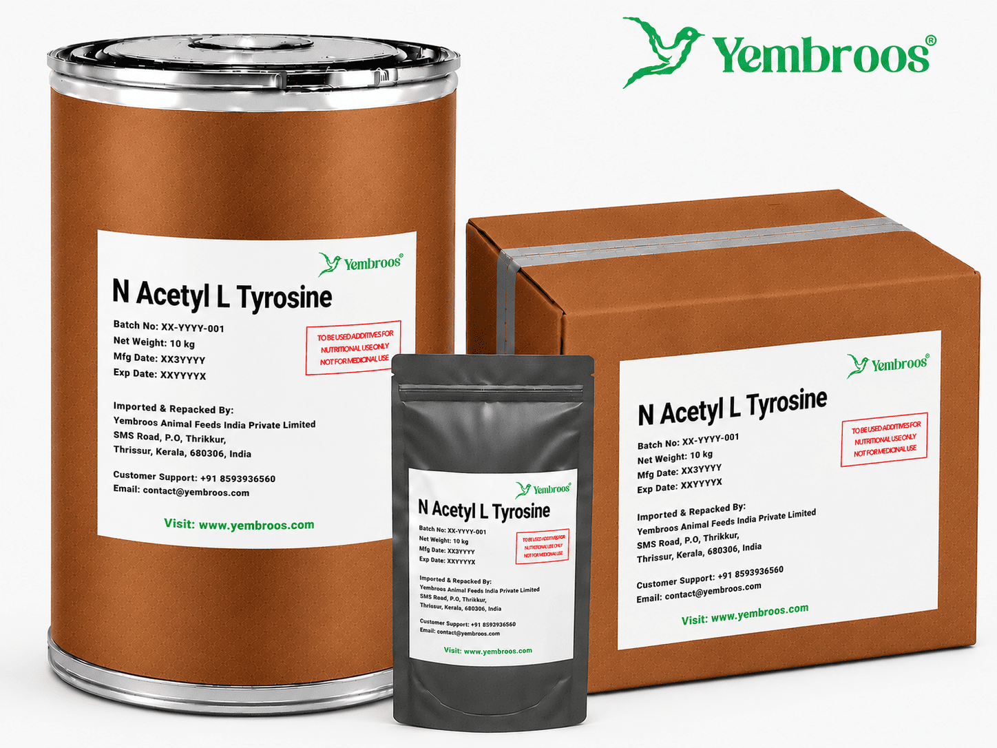 N-Acetyl L-Tyrosine powder manufacturer, exporter, importer and supplier in India by Yembroos Animal Feeds India Private Limited for feed, food, technical, pharmaceutical and nutraceutical applications