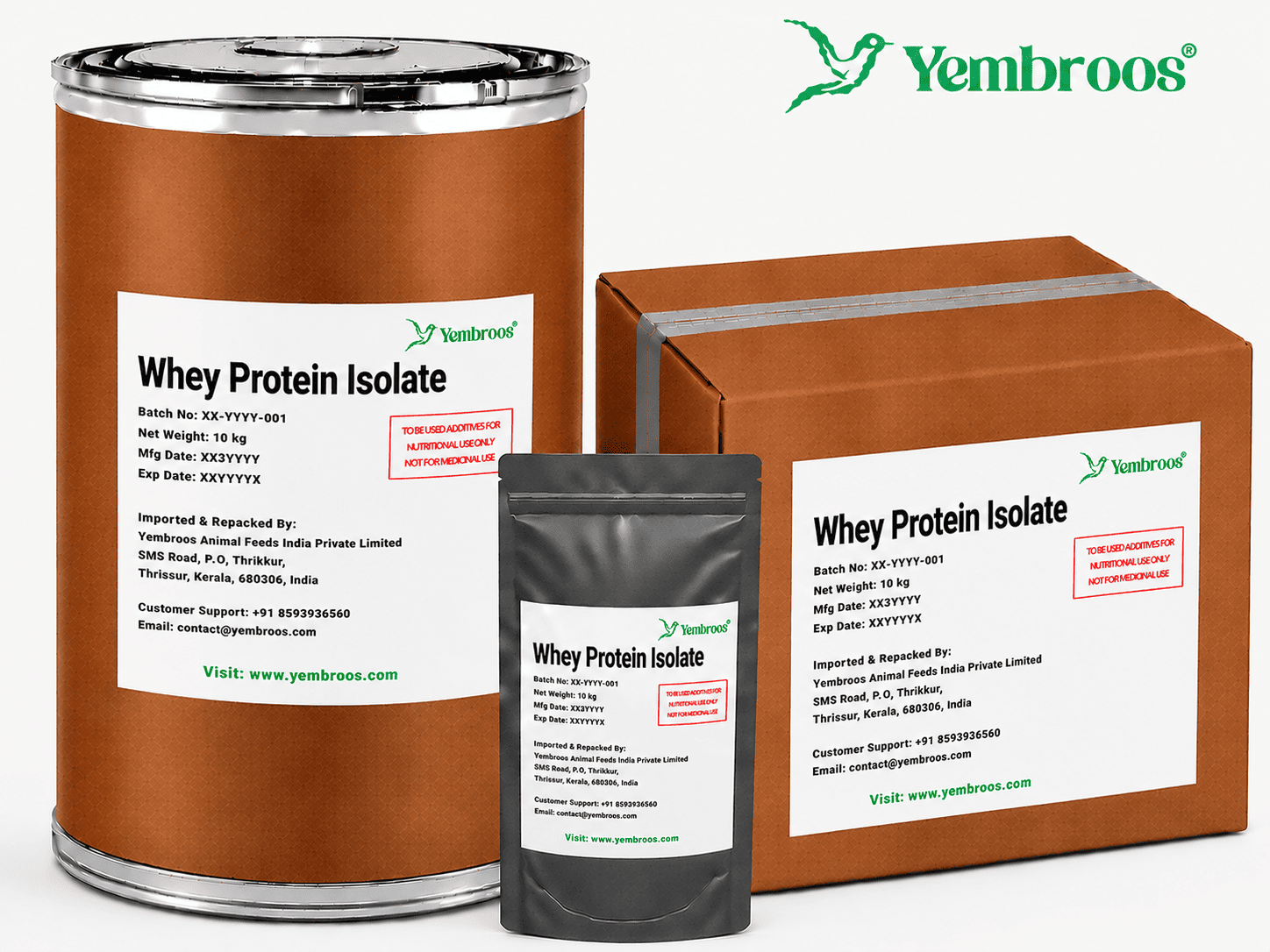Whey Protein Isolate manufacturer, exporter, importer and supplier in India by Yembroos Animal Feeds India Private Limited for feed, food, technical, pharmaceutical and nutraceutical applications