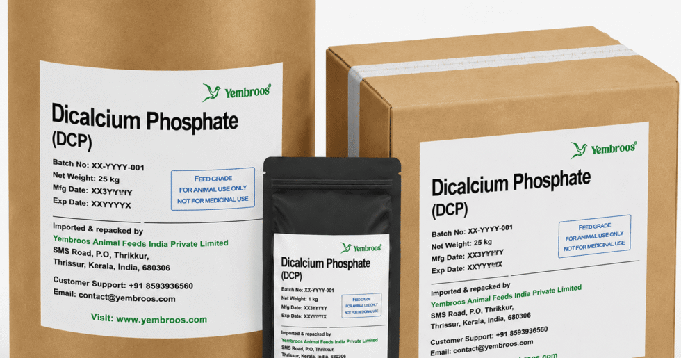 Dicalcium Phosphate (DCP) feed grade supplied by Yembroos Animal Feeds India Private Limited in 25 kg and 1 kg packaging
