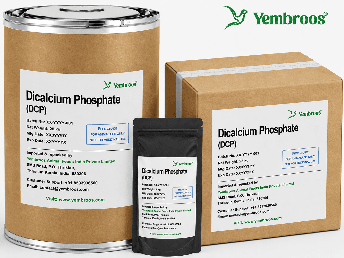 Dicalcium Phosphate (DCP) feed grade supplied by Yembroos Animal Feeds India Private Limited in 25 kg and 1 kg packaging